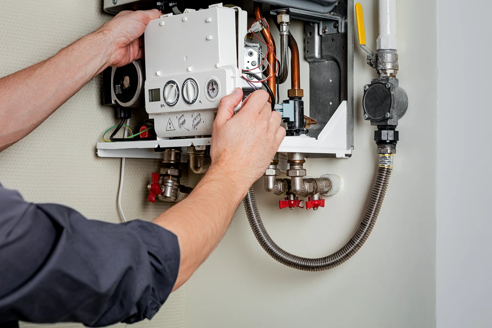 Technicien de maintenance Baratier en tenue professionnelle (combinaison ou polo) intervenant au domicile d'un client dans un local technique ou salle de bain, effectuant une inspection ou un dépannage sur une installation de chauffage (chaudière, radiateur ou tuyauterie). L'image doit montrer clairement l'action de maintenance ou de diagnostic, avec outils ou équipement en main, dans un environnement résidentiel réel. L'ambiance doit transmettre la compétence, la rapidité et la fiabilité d'une intervention d'urgence professionnelle.