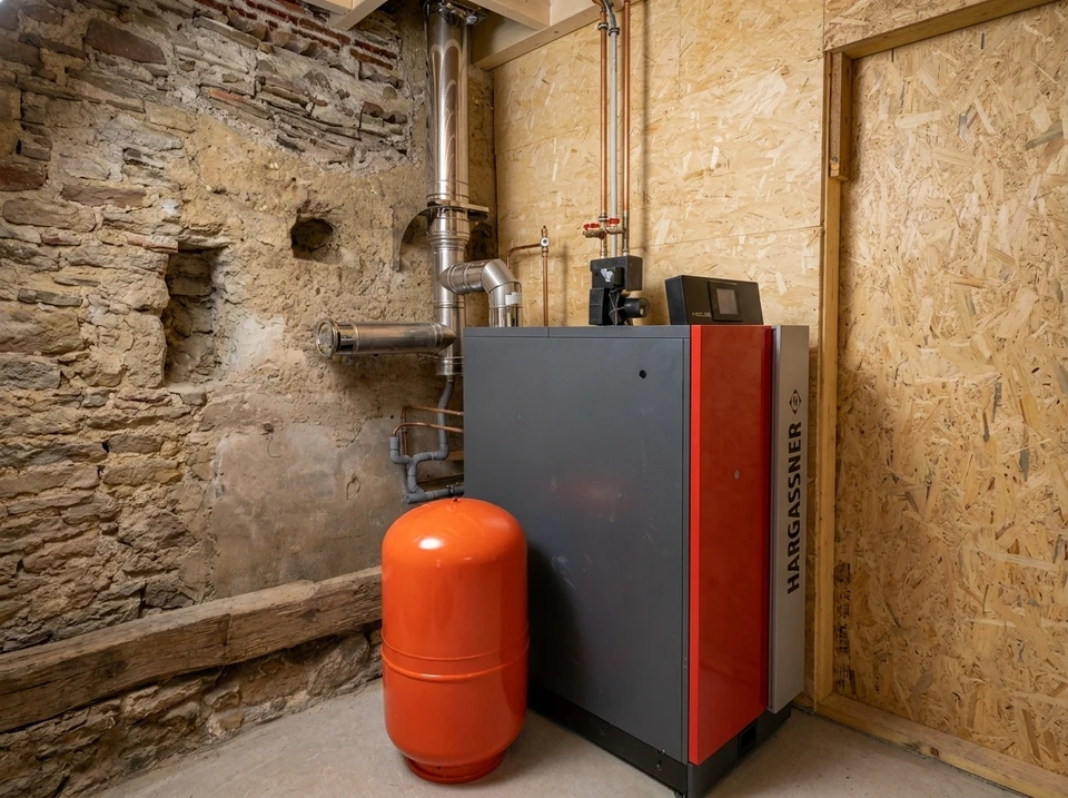 Technicien effectuant la maintenance d'une chaudière à gaz domestique, mains positionnées sur le panneau de contrôle digital